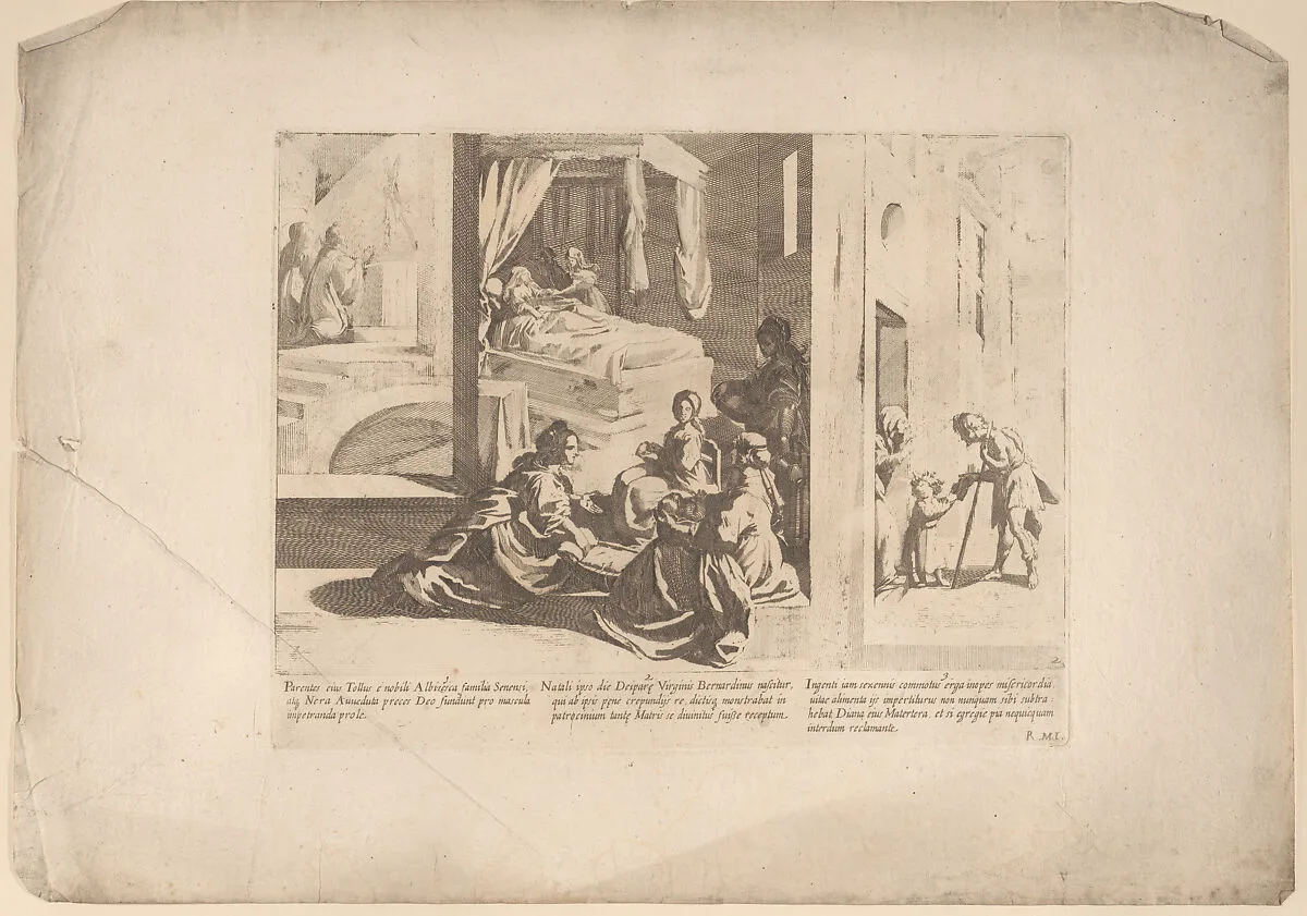 Episode 1: Saint Bernardino's parents pray to God for a son; Episode 2: The Birth of Saint Bernardino; Episode 3: The Young Saint Bernardino performs an act of mercy, from "The Life of Saint Bernardino of Siena" — Rutilio Manetti|Bernardino Capitelli|Saint Bernardino of Siena