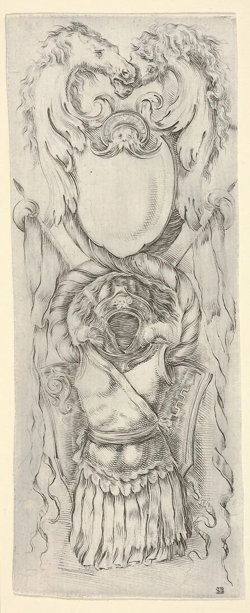 Vertical Panel with a Cartouche stacked on top of a Cuirass, from: 'Ornaments or Grotesques' (Ornamenti o Grottesche) — Stefano della Bella