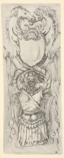 Vertical Panel with a Cartouche stacked on top of a Cuirass, from: 'Ornaments or Grotesques' (Ornamenti o Grottesche)