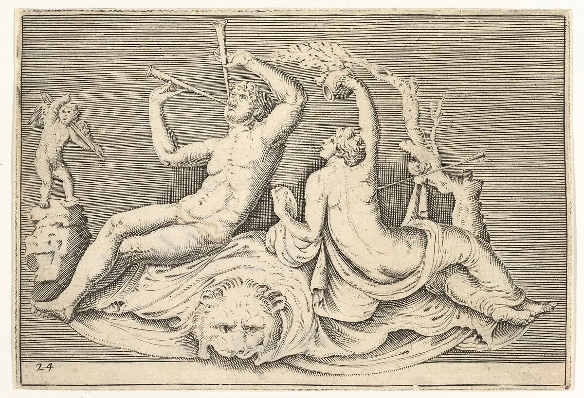 Man Playing Two Flutes and Woman on Lionskin, from "Ex Antiquis Cameorum et Gemmae Delineata/ Liber Secundus/et ab Enea Vico Parmen Incis" — Francesco Angeloni|Battista Franco|Philippe Thomassin|Enea Vico|Anonymous, Italian, 16th century