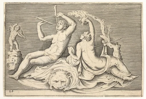 Man Playing Two Flutes and Woman on Lionskin, from "Ex Antiquis Cameorum et Gemmae Delineata/ Liber Secundus/et ab Enea Vico Parmen Incis"
