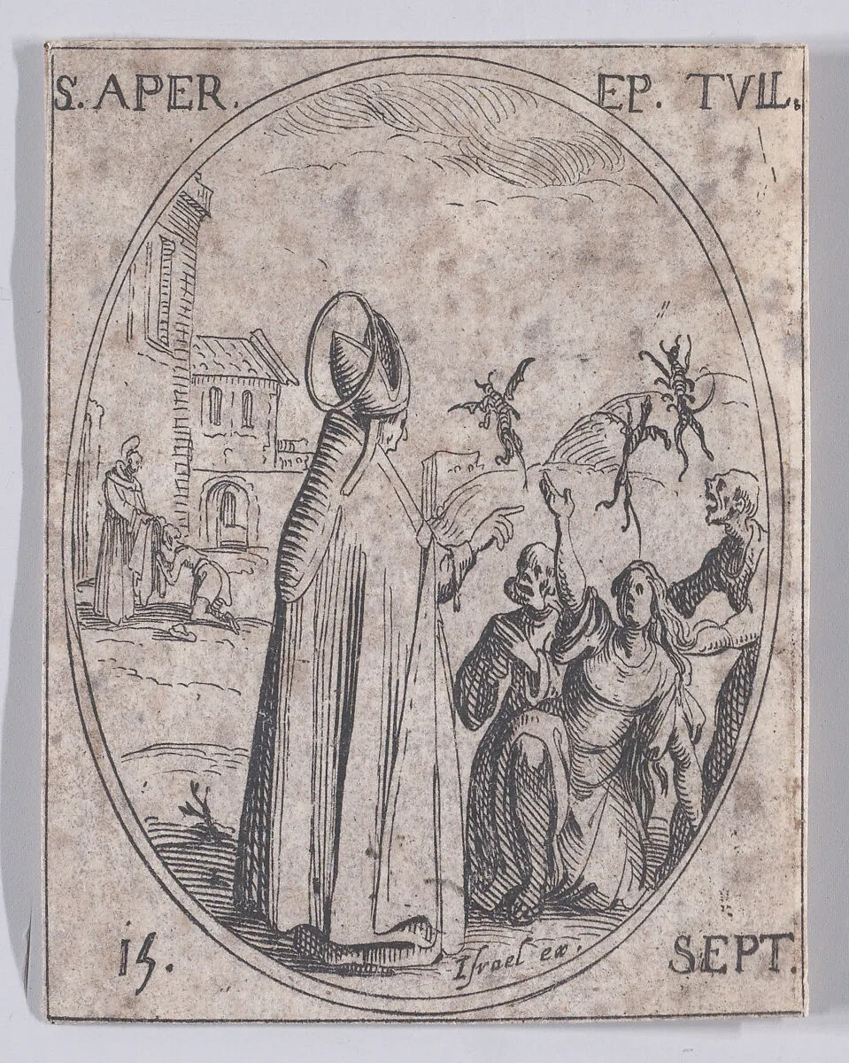 S. Apre, évêque de Toul (St. Aper (Aprus), Bishop of Toul), September 15th, from "Les Images De Tous Les Saincts et Saintes de L'Année" (Images of All of the Saints and Religious Events of the Year) — Jacques Callot|Israël Henriet