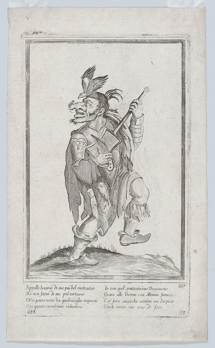 A caricature figure representing a street musician(?) with a mouse (lizard?) on his nose and a bird on his head — Anonymous, Italian, 17th century
