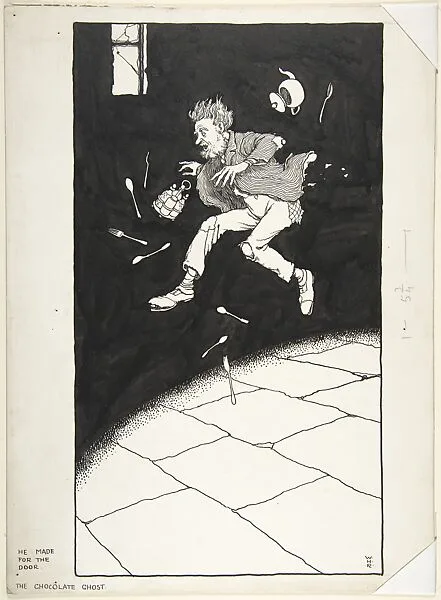 "He Made for the Door" (for "The Chocolate Ghost" in "Topsy-Turvy Tales") — William Heath Robinson|John Lane, The Bodley Head|Elsie Smeaton Munro