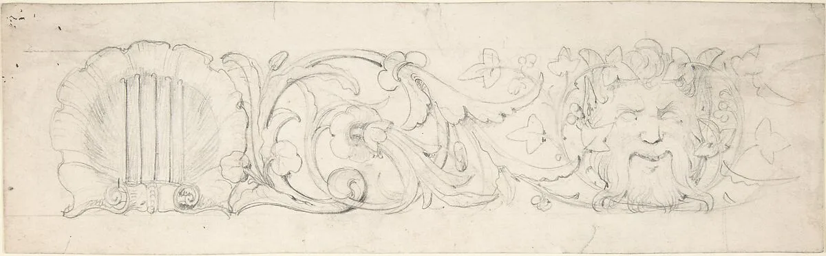 Design for Ornamental Frieze with Shell, Foliage and Satyr's Head (recto); Figural Studies (verso) — William Pitts