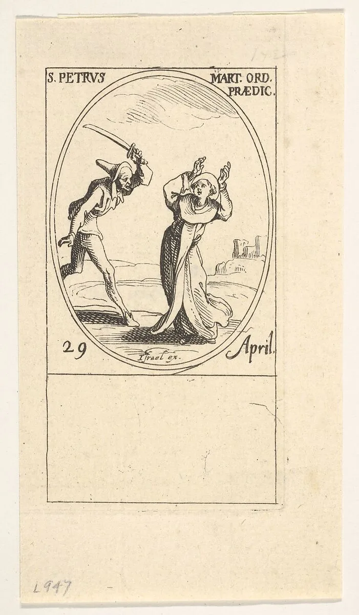 Martyrdom of Saint Peter, an oval composition, from the series 'Les images de tous les saints et saintes de l'année' (Images of all the saints of the year) — Jacques Callot|Israël Henriet