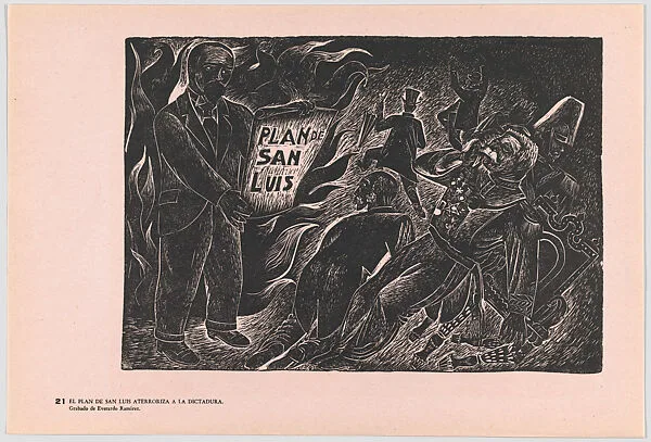 Plate 21: President Porfirio Díaz being terrified by the 'Plan of San Luis de Potosí' being held in front of him by Francisco I Madero, from the portfolio 'Estampas de la revolución Mexicana' (prints of the Mexican Revolution) — Everardo Ramírez|Taller de Gráfica Popular