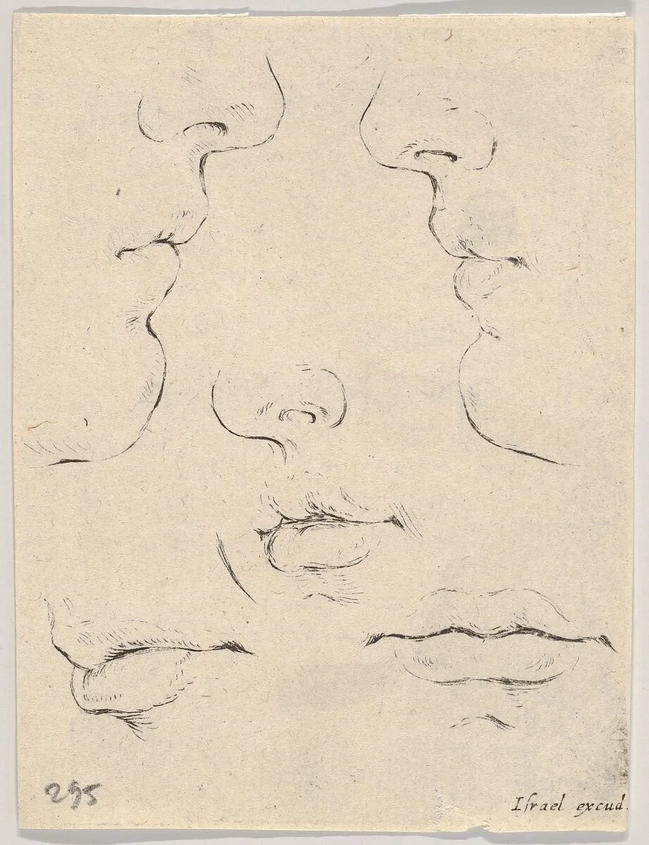 Plate 4: two profiles and three mouths, from 'The Book for Learning to Draw' (Livre pour apprendre à dessiner) — Stefano della Bella|Israël Henriet
