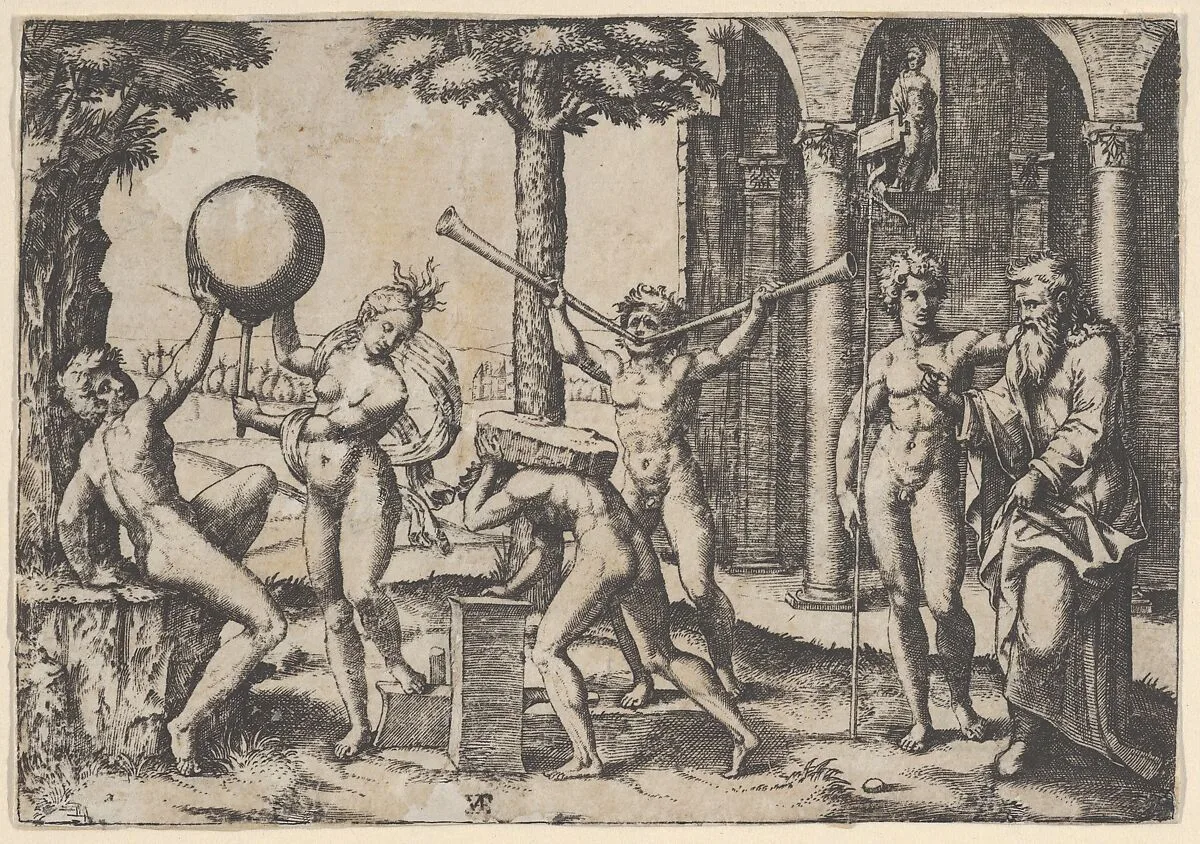 A man with two trumpets in the centre flanked by other figures including an old and a young man at right — Marcantonio Raimondi
