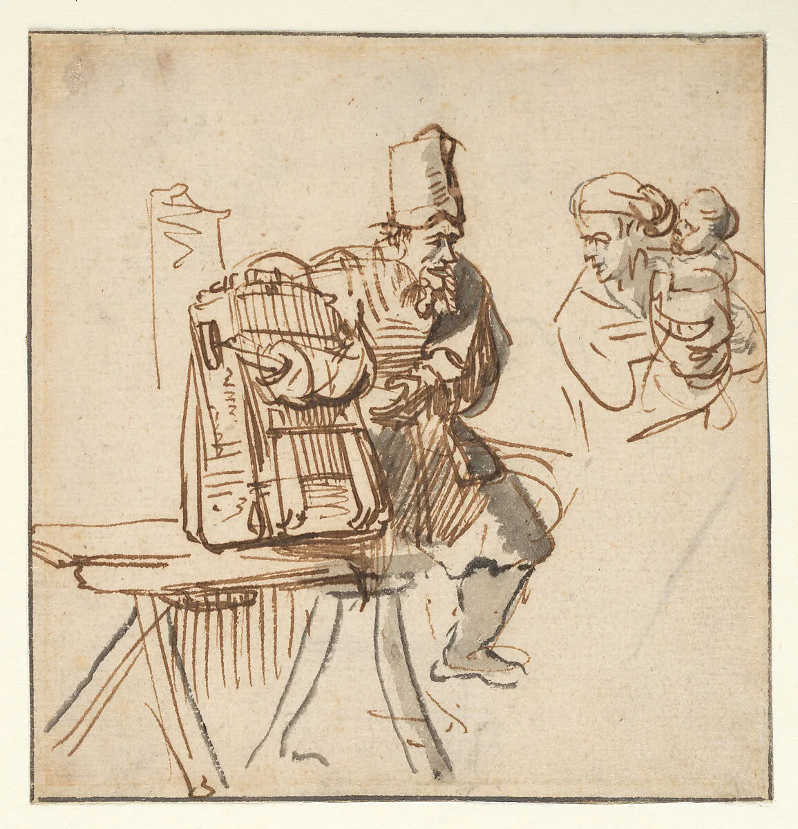 A Hawker Showing an Animal in a Cage to a Woman and Her Child — School of Rembrandt van Rijn