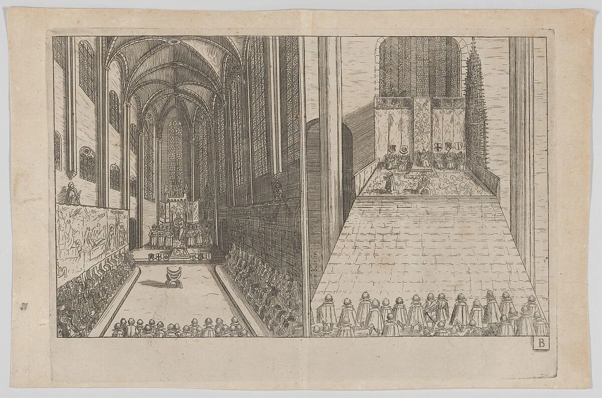 Plate B: Election and Coronation of Emperor Maximilian II — Anonymous, German, 17th century|Willhelm Hoffmans|Johann Bringern