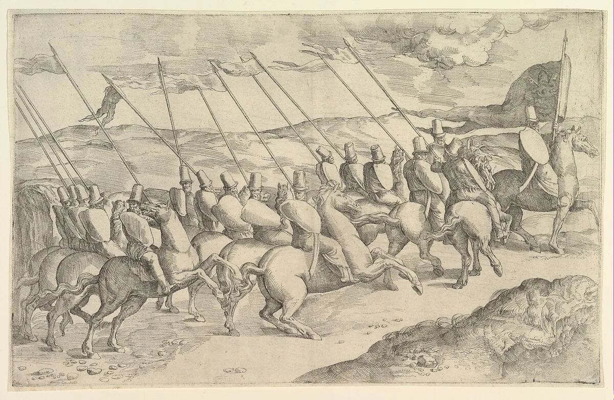 A company of horsemen riding to the right — Battista Franco