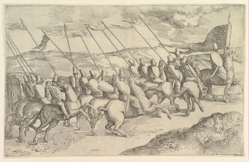 A company of horsemen riding to the right