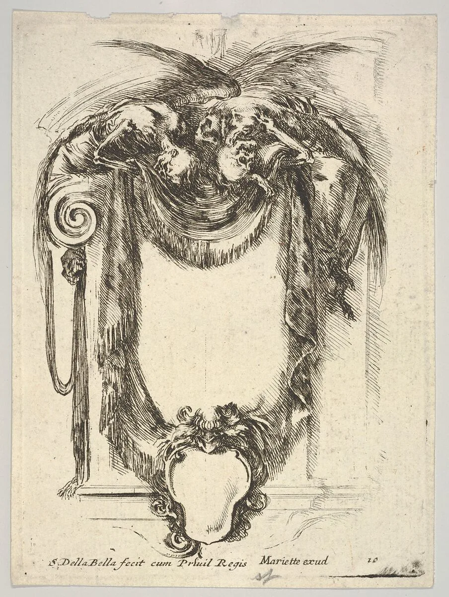 Plate 10: a cartouche formed by drapery and topped with two skeletons atop an Ionic entablature, from 'Nouvelles inventions de Cartouches' — Stefano della Bella|Pierre Mariette le fils