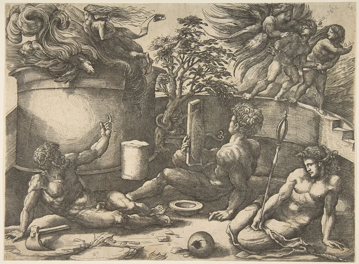 Cain holding a mirror watching his sacrifice engulfed in flames, Adam and Eve seated nearby; in the upper right an angel expelling them from Paradise — Giulio Bonasone|Agostino Veneziano (Agostino dei Musi)|Amico Aspertini