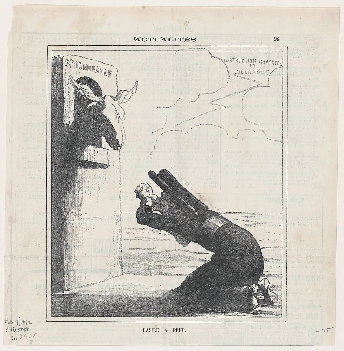 Basile in fear, from 'News of the day,' published in Le Charivari, February 9, 1872 — Honoré Daumier