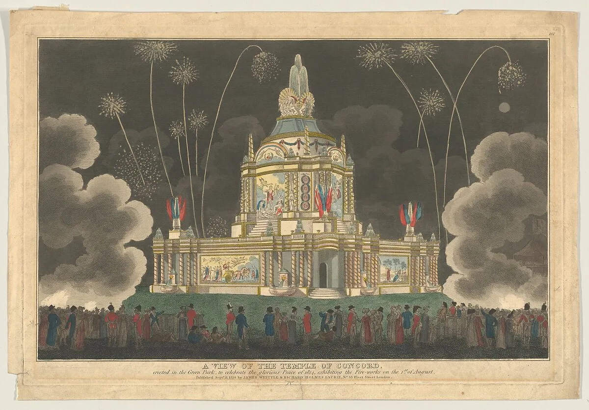 A View of the Temple of Concord Erected in the Green Park, to Celebrate the Glorious Peace of 1814, Exhibiting the Fireworks on the 1st of August — Robert Laurie|James Whittle