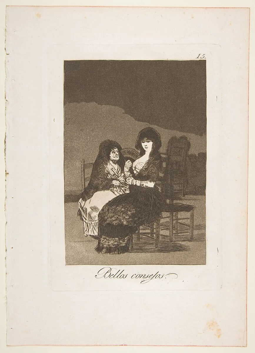 Plate 15 from "Los Caprichos": A pretty piece of advice (Bellos consejos) — Goya (Francisco de Goya y Lucientes)