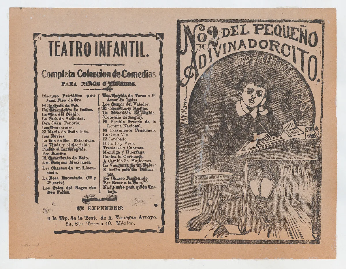 Cover for 'Del Pequeño Adivinadorcito', a young boy resting his head on his hand and writing at a desk — José Guadalupe Posada|Antonio Vanegas Arroyo
