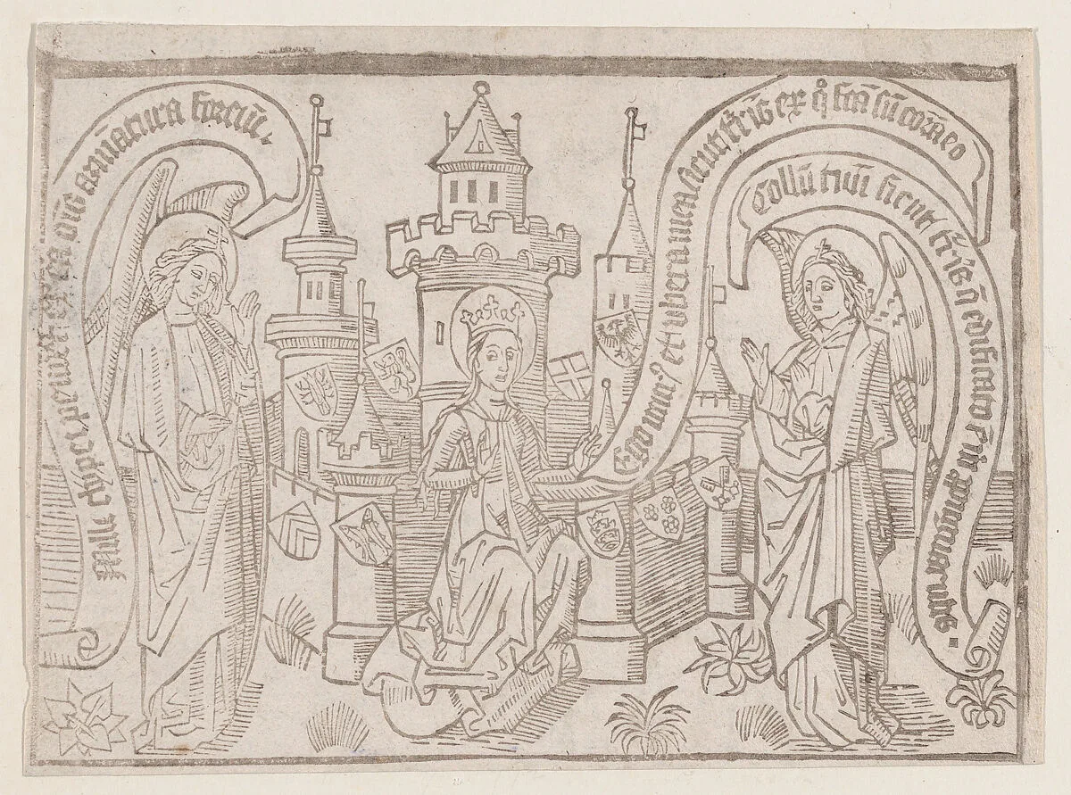 Thy Neck Is Like the Tower of David, illustration from a Canticum Canticorum blockbook, 2nd — Anonymous, Netherlandish, 15th century
