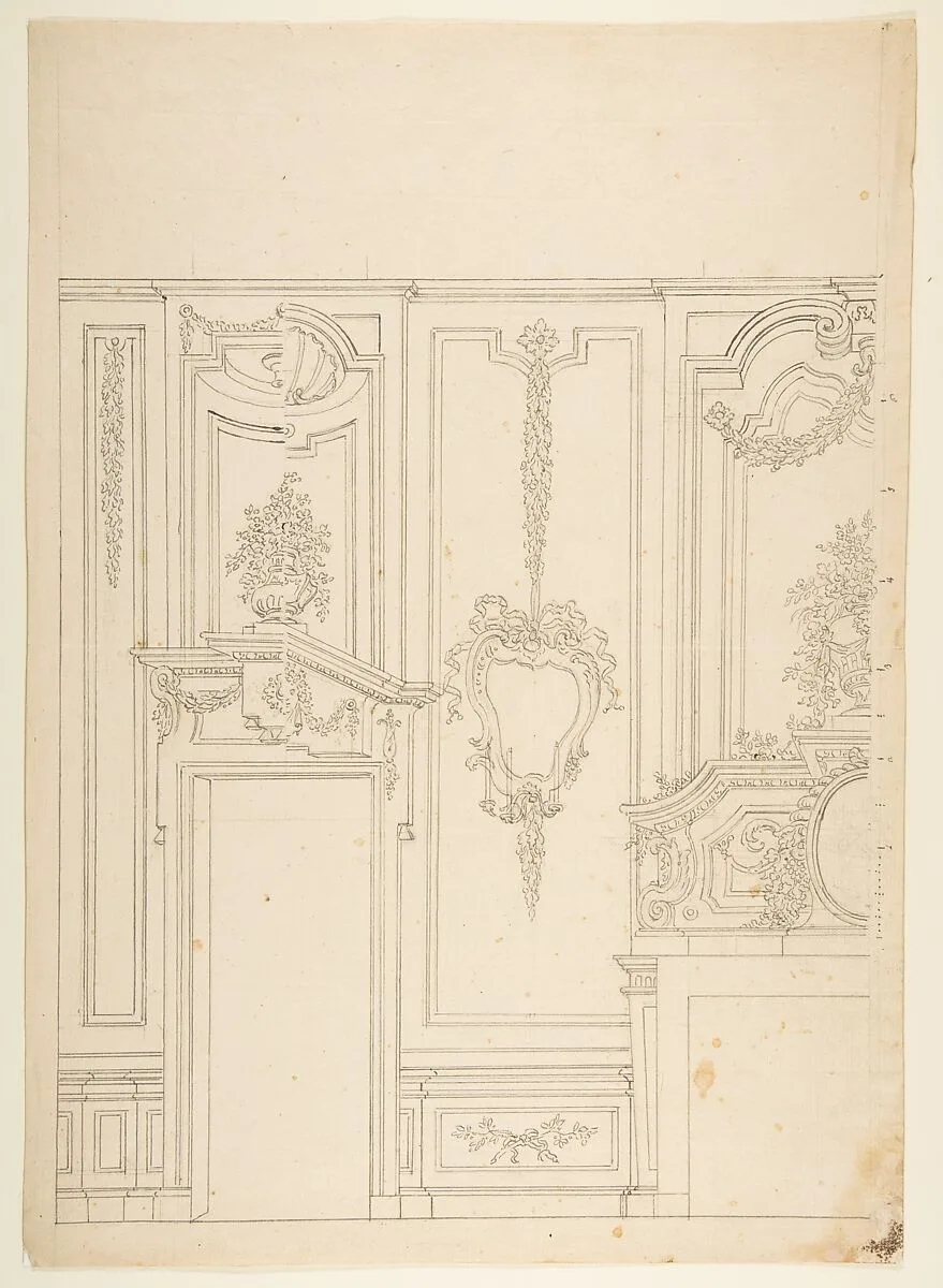 Design for a Wall Elevation with Halved Alternate Designs for the Doorway (recto); Designs for a Quarter of a Ceiling, Design for a Wall Elevation (verso) — Leonardo Marini