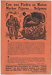 Flyer with text by Lázaro Cárdenas relating to oil companies that want to profit from Mexico's natural resources (oil) and human labor while not being mindful of the new age of social justice; two men throwing rocks at a vulture hovering over a nest — Taller de Gráfica Popular|Leopoldo Méndez