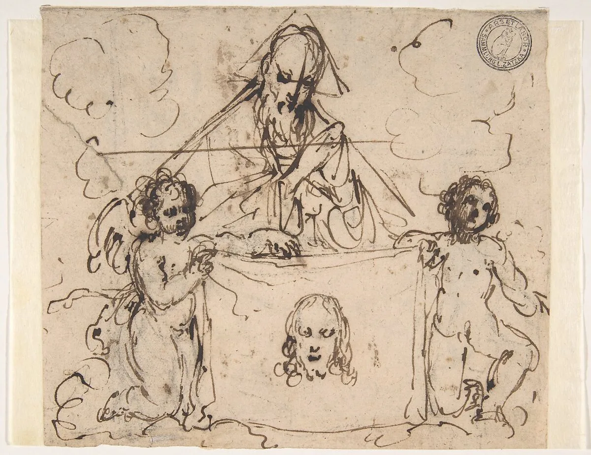 Veronica's Veil Held by Two Angels and God the Father(?) — Anonymous, Italian, Bolognese, 17th century