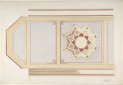 Design for Ceiling in Four Parts, One Decorated with a Compass Motif, in Rust and Olive Green, Moorish Motifs