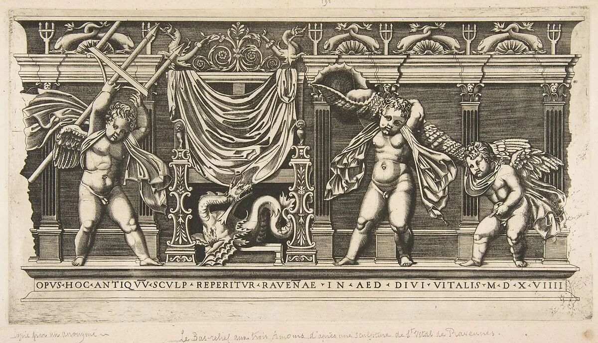 Three cupids in front of a facade with pilasters, one holding a trident and another a large shell — Raphael (Raffaello Sanzio or Santi)|Anonymous, Italian, 16th to early 17th century|Marco Dente