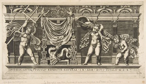 Three cupids in front of a facade with pilasters, one holding a trident and another a large shell
