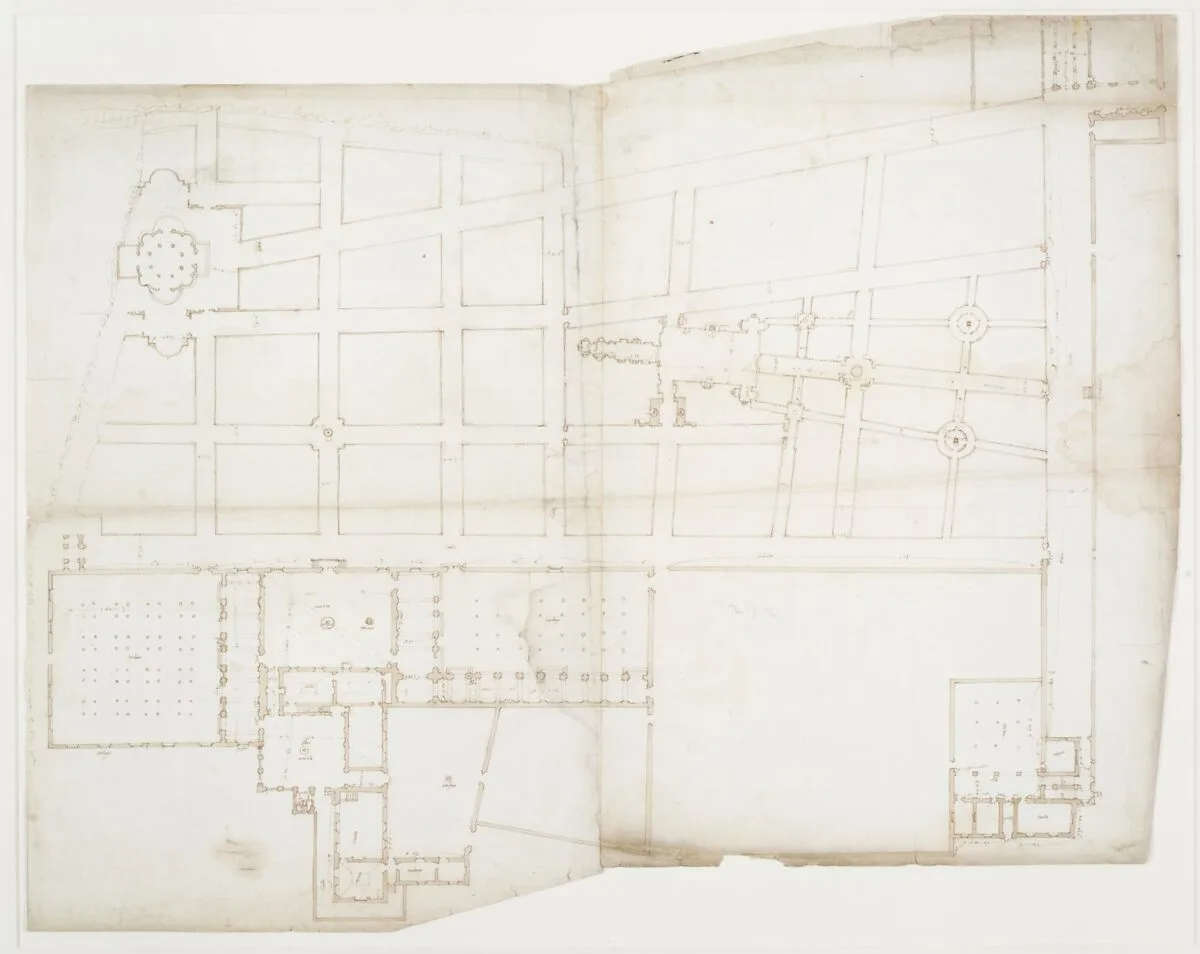Ville d'Este, Gardens, Quirinal, plan (recto) blank (verso) — Anonymous, French, 16th century