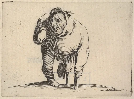 Small male figure with peg leg and crutch, in frontal view, from the series 'Varie figure gobbi'