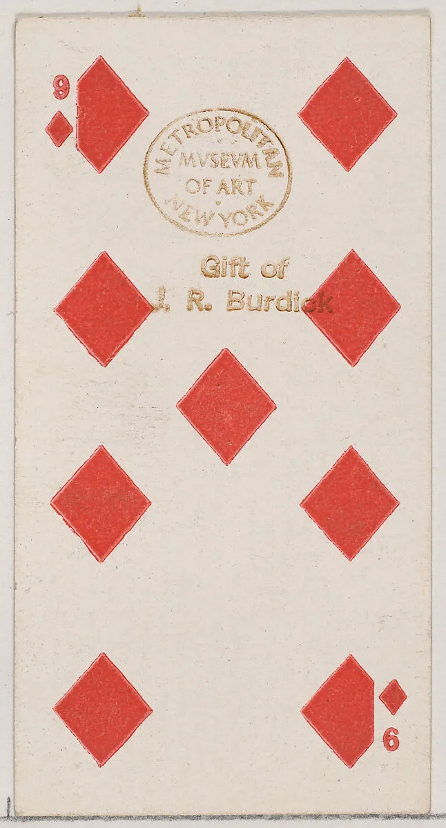 Nine Diamonds (red), from the Playing Cards series (N84) for Duke brand cigarettes — W. Duke, Sons & Co.