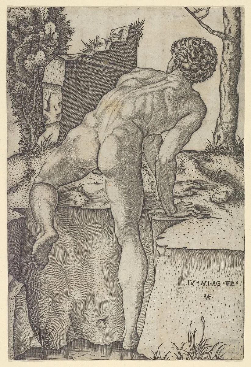 Naked man viewed from behind climbing a river bank, after Michelangelo — Marcantonio Raimondi|Michelangelo Buonarroti