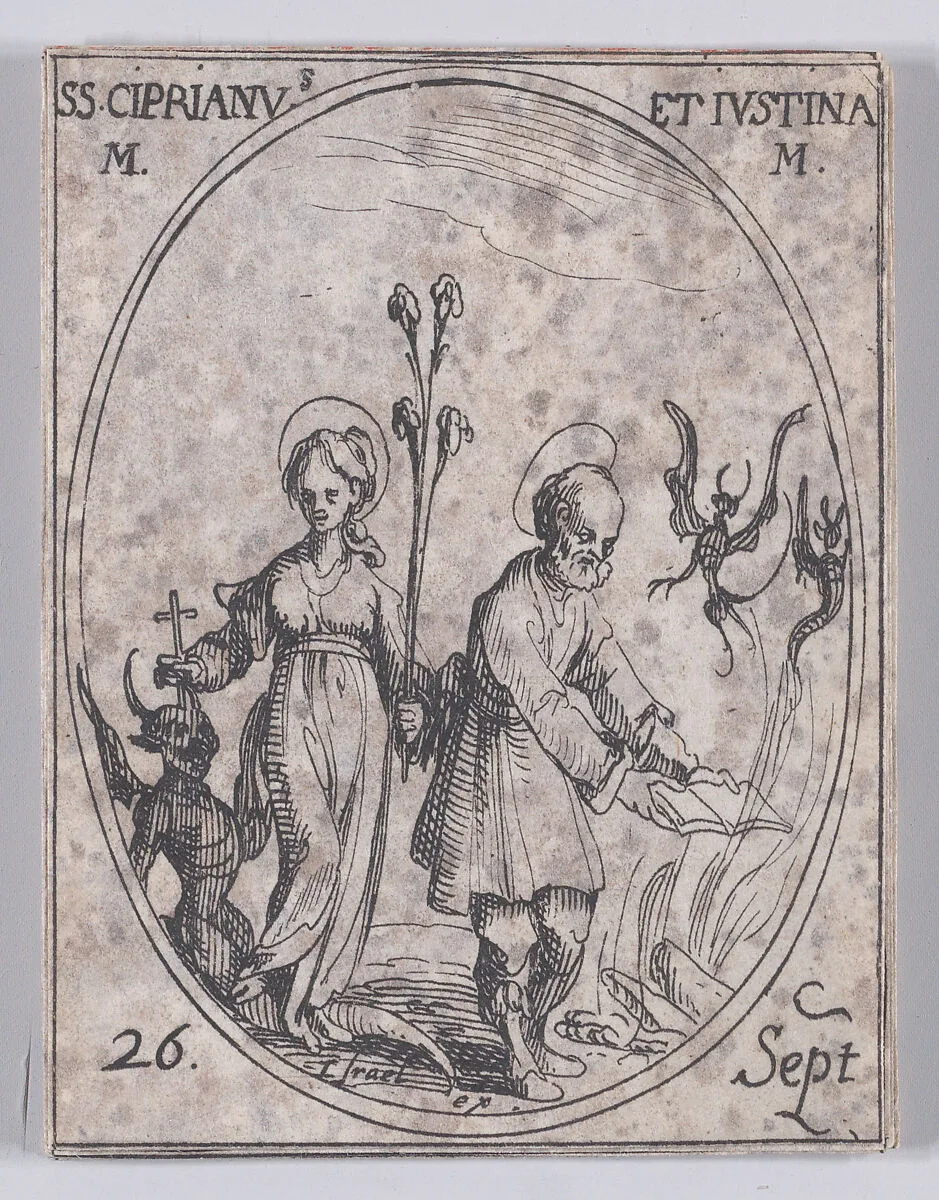 S. Cyprien et Ste. Justine, martyrs (St. Cyprian and St. Justina, Martyrs), September 26th, from "Les Images De Tous Les Saincts et Saintes de L'Année" (Images of All of the Saints and Religious Events of the Year) — Jacques Callot|Israël Henriet