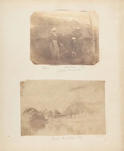 [Portrait of a Bearer, Little Marlin, and Captain Hill, Garden, Umballa]