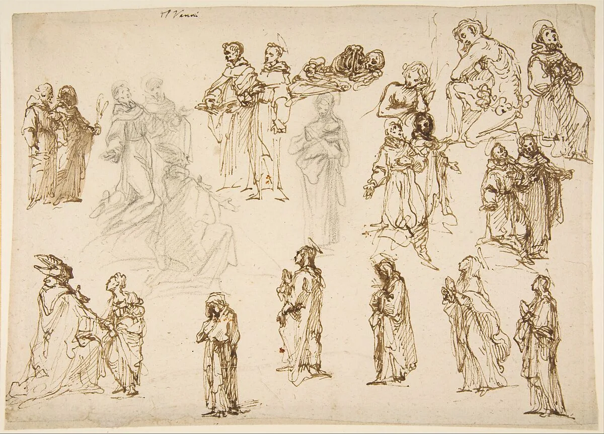 Figure Studies: Standing and Kneeling Clerics and Religious, Adam and Eve, and a Reclining Skeleton — Francesco Vanni