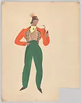 Drawing for a man's theatrical costume with orange jacket and green trousers — Vincente Minnelli