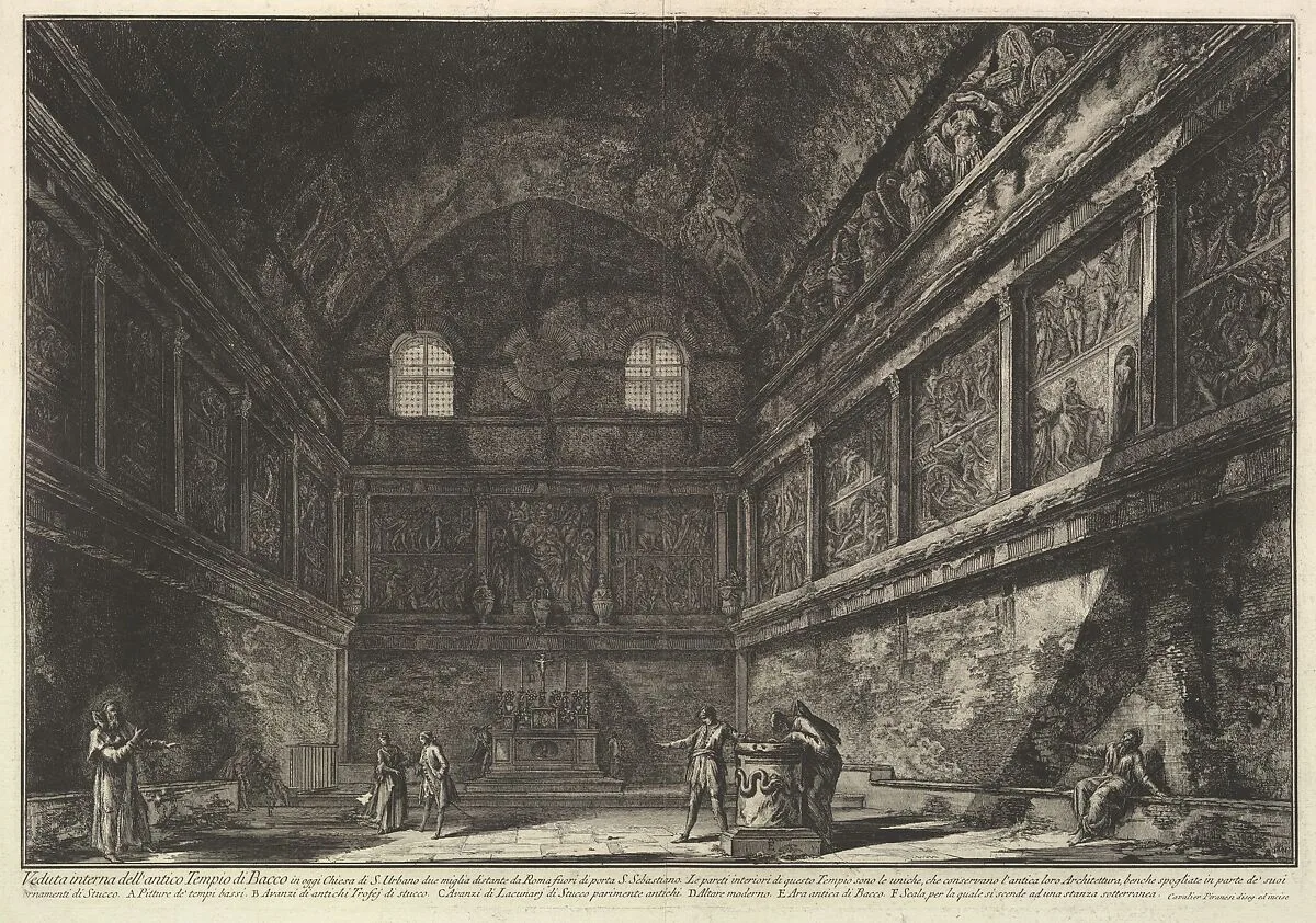 Interior view of the ancient Temple of Bacchus, now the church of S. Urbano, two miles from Rome..., from Vedute di Roma (Roman Views) — Giovanni Battista Piranesi
