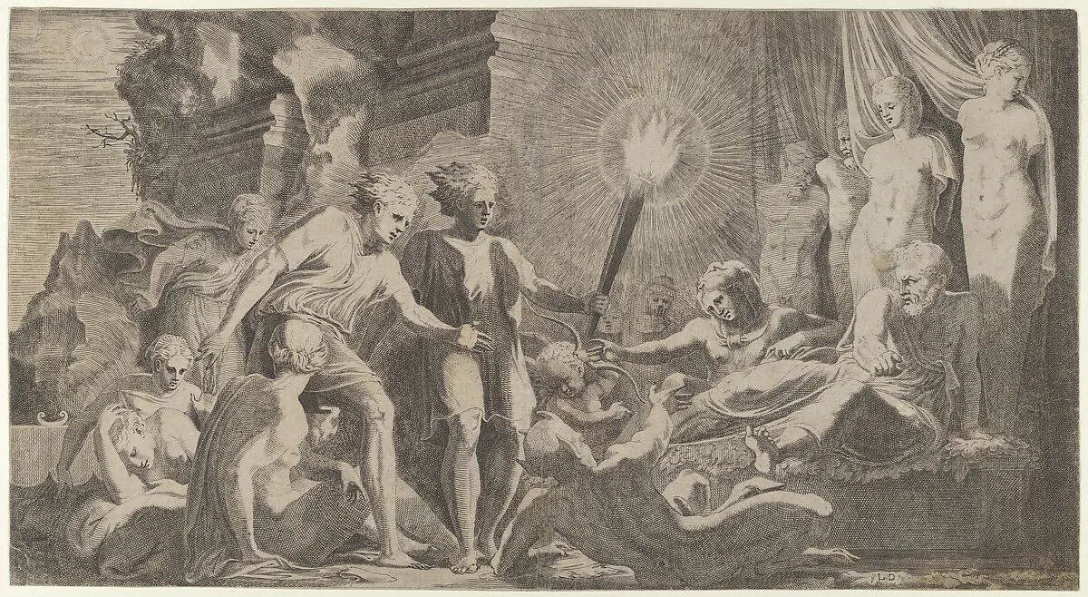 Hercules surprising Fanus who mistook him for Omphale — Francesco Primaticcio|Léon Davent