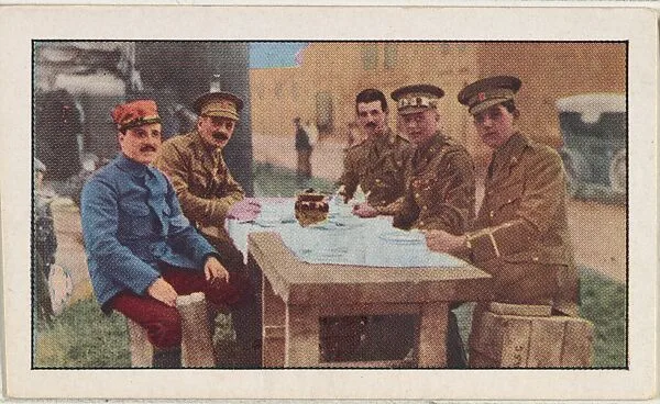 Card No. 129, French and British Officers at Mess, from the World War I Scenes series (T121) issued by Sweet Caporal Cigarettes — American Tobacco Company|Underwood & Underwood