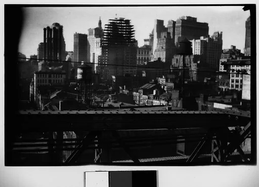 [Manhattan Skyline with Brooklyn Bridge Trussing, New York City]