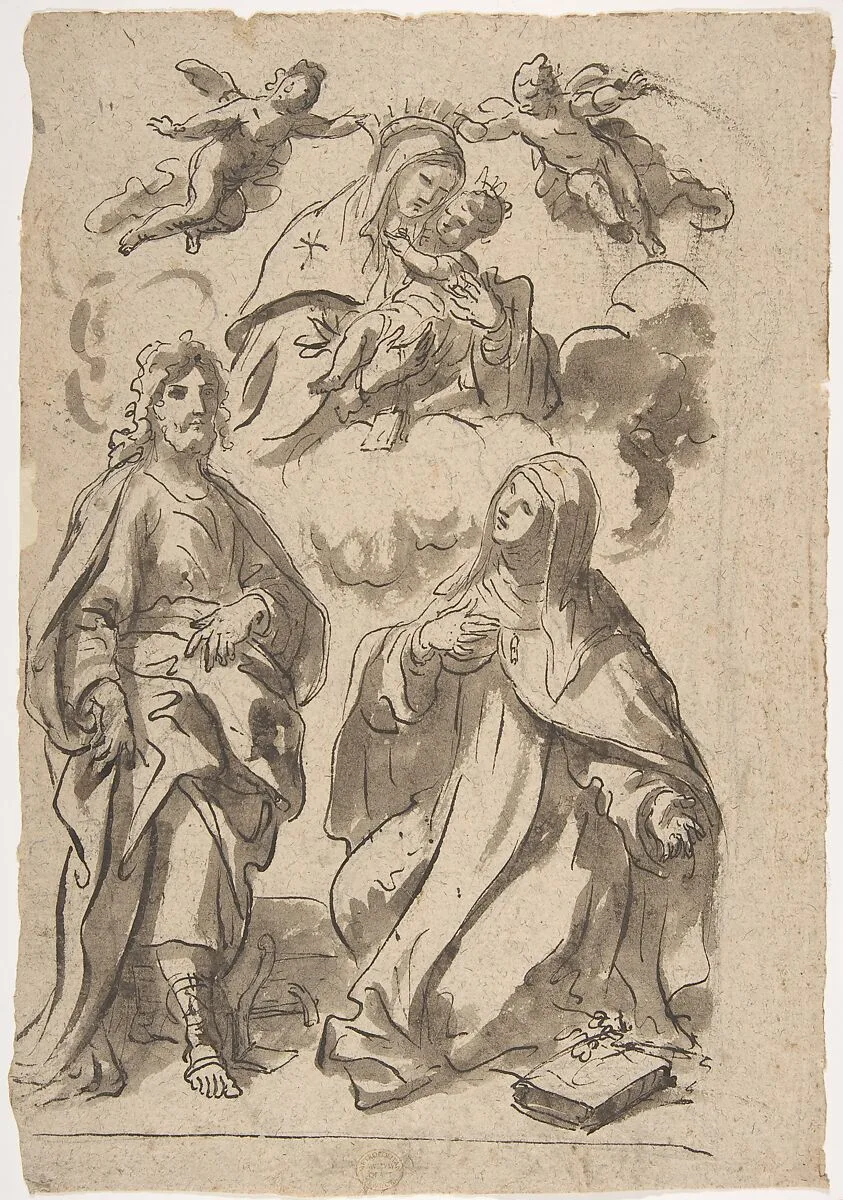 A Male and a Female Saint (Joseph of Aramathea? and Saint Catherine of Siena? Adoring the Virgin and Child in Glory (recto); Minerva Bellona with a Victorious Warrior (verso) — Francesco di Maria