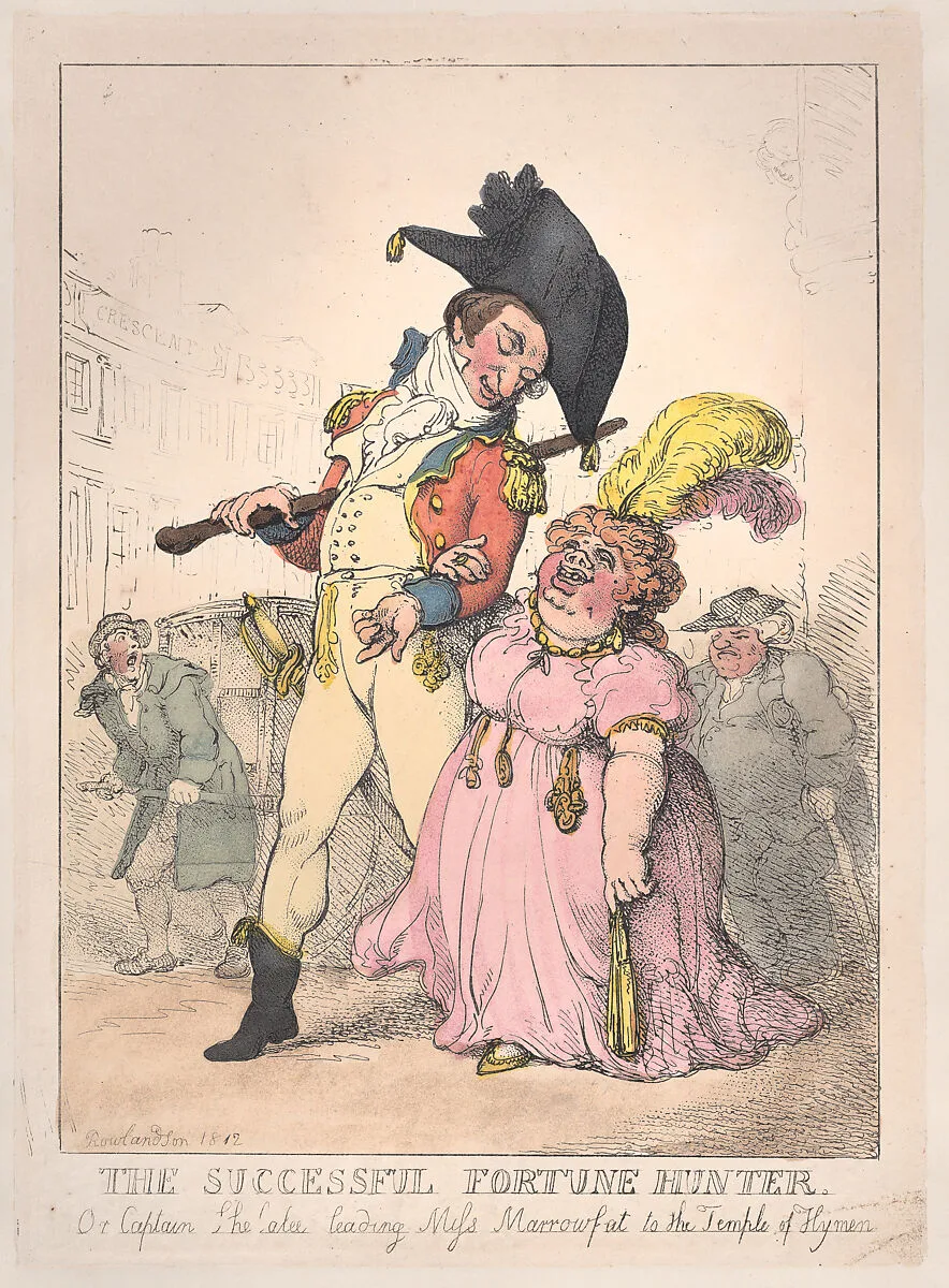 The Successful Fortune Hunter, or Captain Shelalee Leading Miss Marrowfat to the Temple of Hymen — Thomas Rowlandson