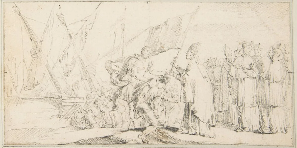 Illustration for a Book: Pope Handing a Banner to a Crusader, with Ships in the Background — Giovanni Battista Tiepolo