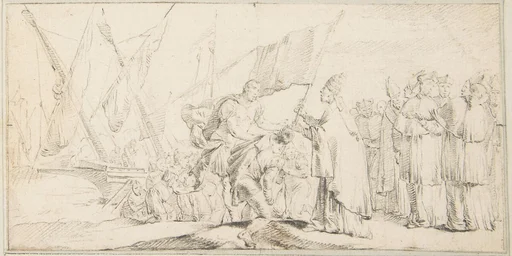 Illustration for a Book: Pope Handing a Banner to a Crusader, with Ships in the Background