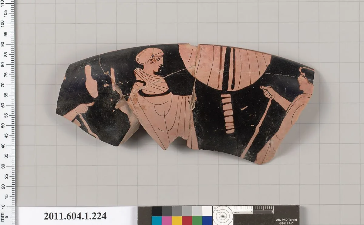 Terracotta rim fragment of a kylix (drinking cup) — Painter of Brussels R 330