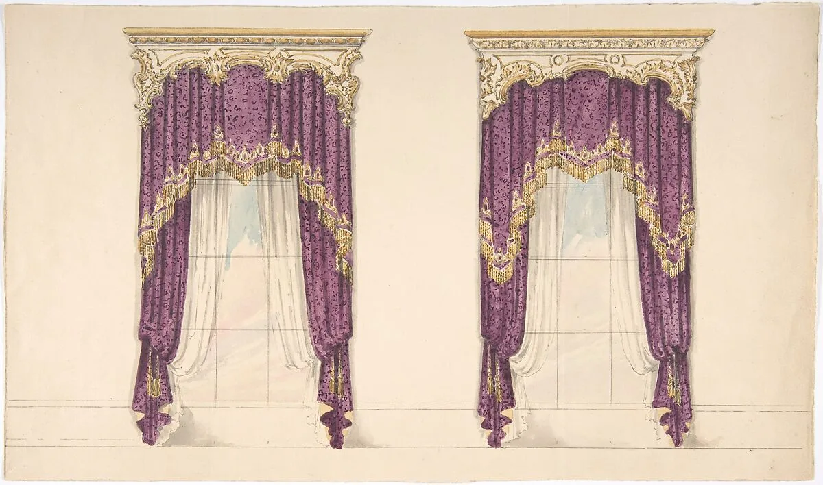 Design for Purple Curtains with Gold Fringes and a Gold and White Pediment — Anonymous, British, 19th century