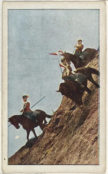 Card No. 45, German Cavalry Coming Down a Steep Mountain Side, from the World War I Scenes series (T121) issued by Sweet Caporal Cigarettes — American Tobacco Company|Underwood & Underwood