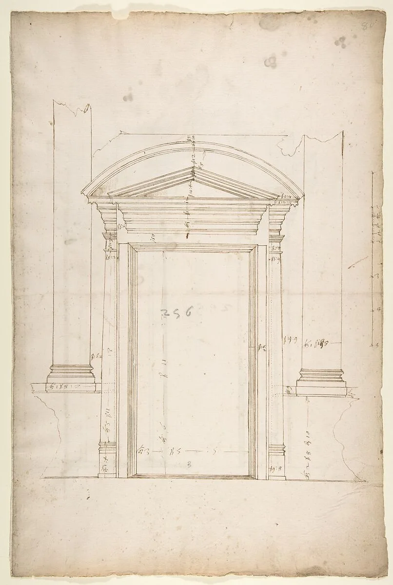 San Lorenzo, Library, entry portal to library, elevation (recto) San Lorenzo, Library, entry portal to library, section; entry portal to library, side elevation (verso) — Anonymous, French, 16th century